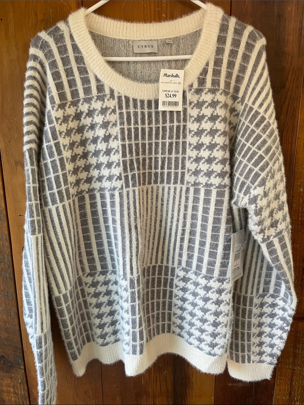 Cyrus Cream & Gray Patchwork Knit Crewneck Sweater